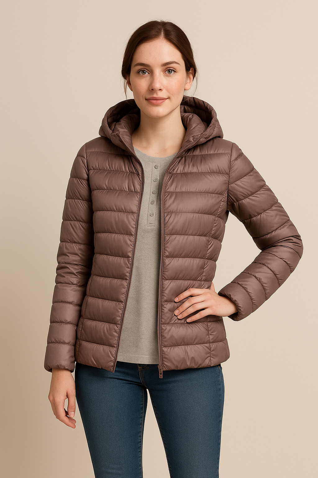 Vestiaire femme hivernal léger à capuche - coupe taille haute