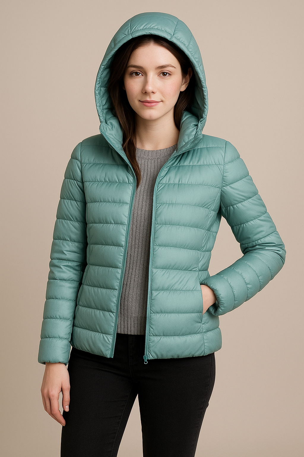 Vestiaire femme hivernal léger à capuche - coupe taille haute