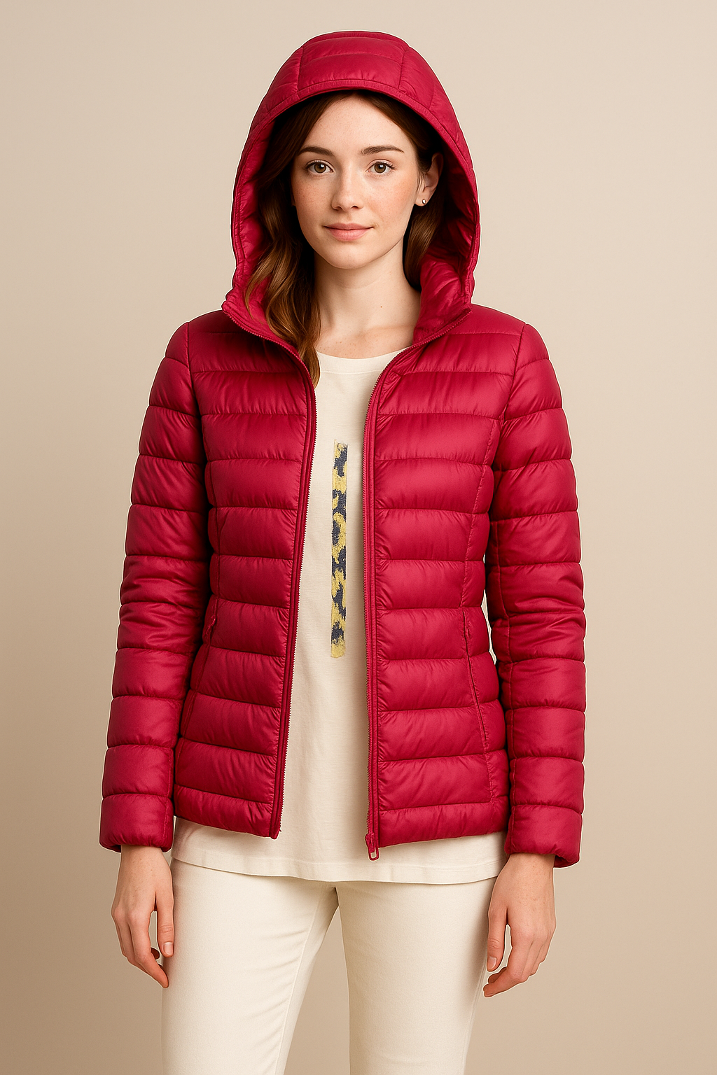 Vestiaire femme hivernal léger à capuche - coupe taille haute