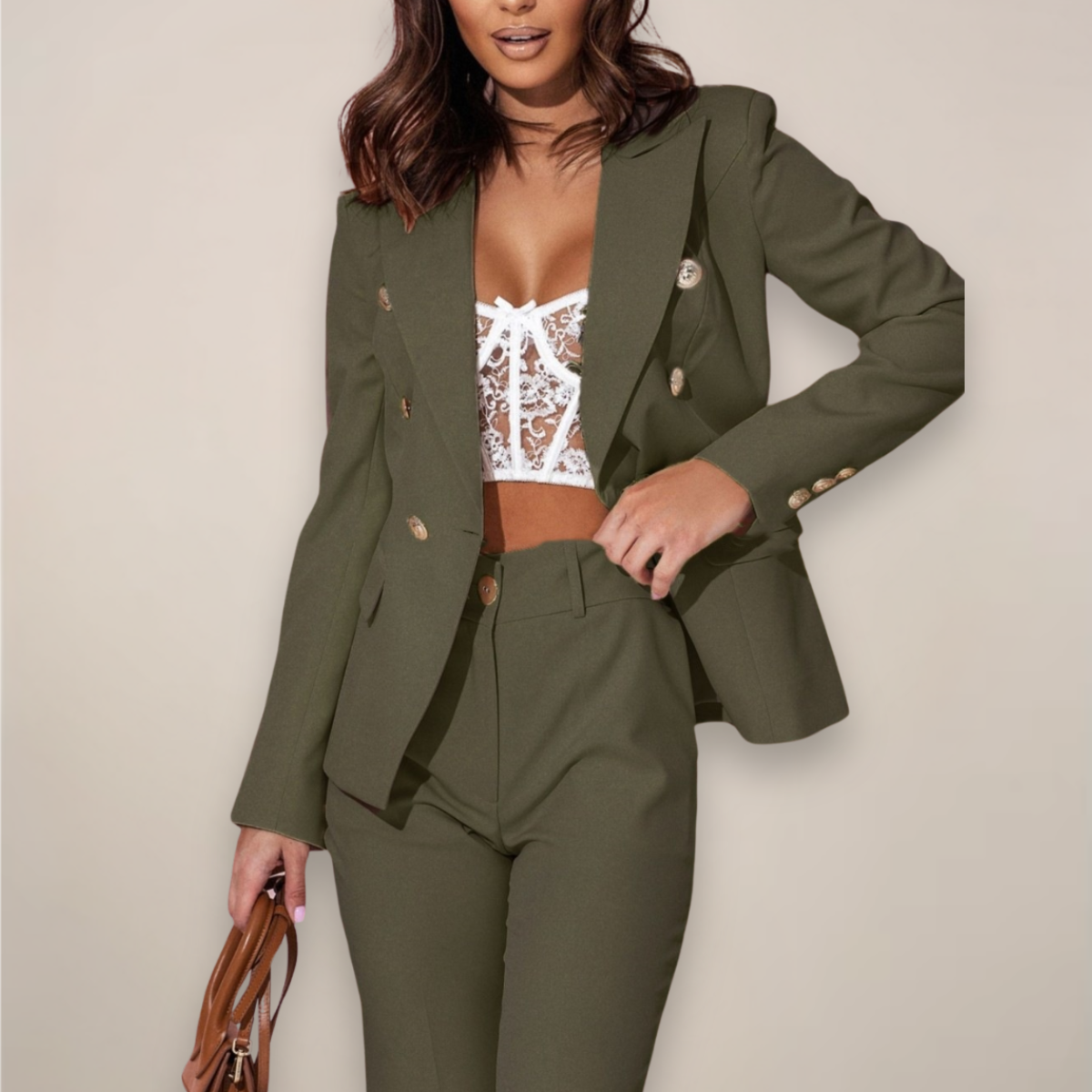 Costume Femme Élégant 2 Pièces Vert Olive