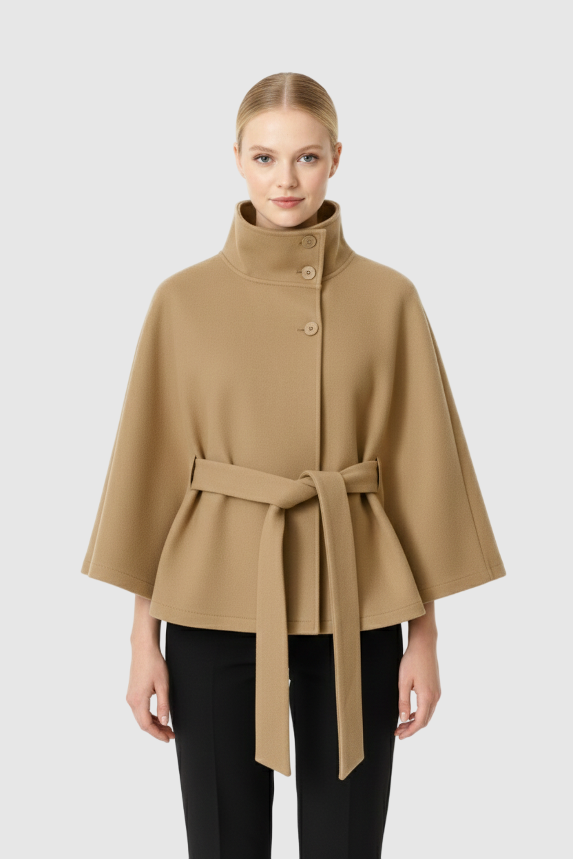 Manteau Femme Laine Douce - Col Montant Chic avec Ceinture Ajastable & Coupe Détendue - LuxeStyle