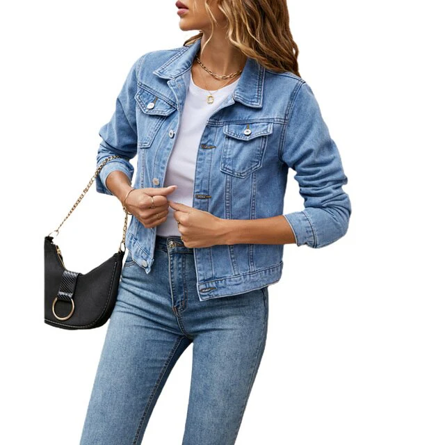 Veste jean femme noir manches longues poches côtés