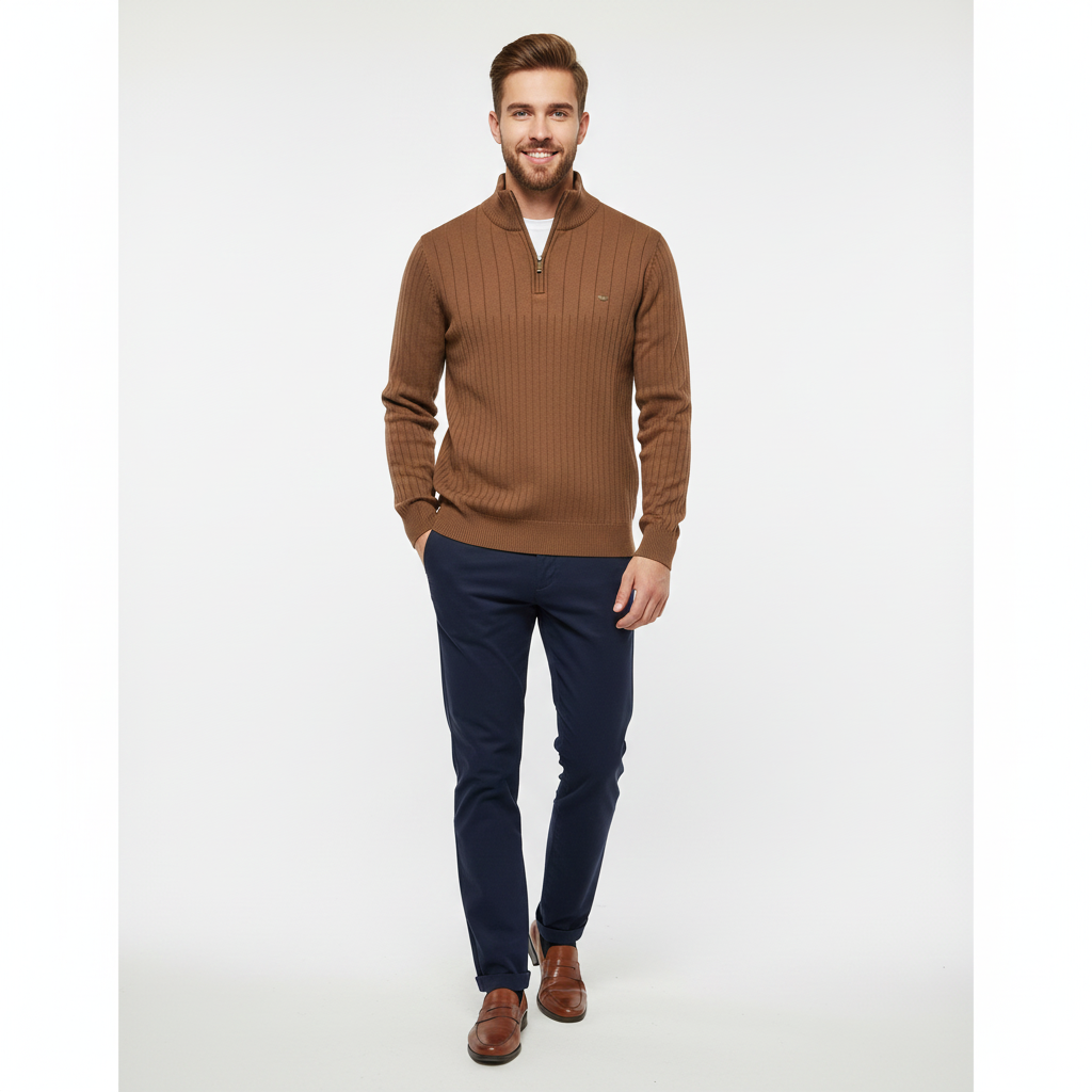 Pull Homme Col Montant en Coton Doux Classique