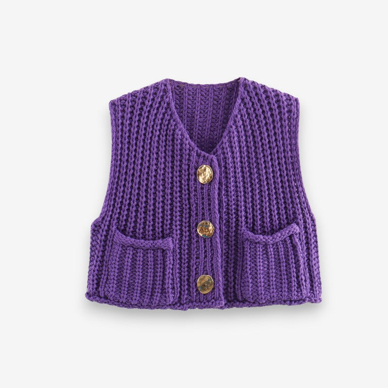 Gilet Femme Élégant Col V Boutonné