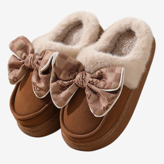 Chaussons Douillets à Talon Plat avec Fourrure et Nœud - LuxeStyle