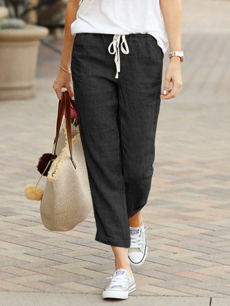 Pantalon Lin Clair Décontracté pour Femme avec Ceinture Élastique