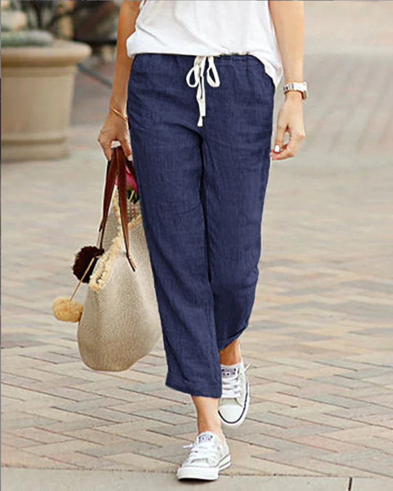 Pantalon Lin Clair Décontracté pour Femme avec Ceinture Élastique