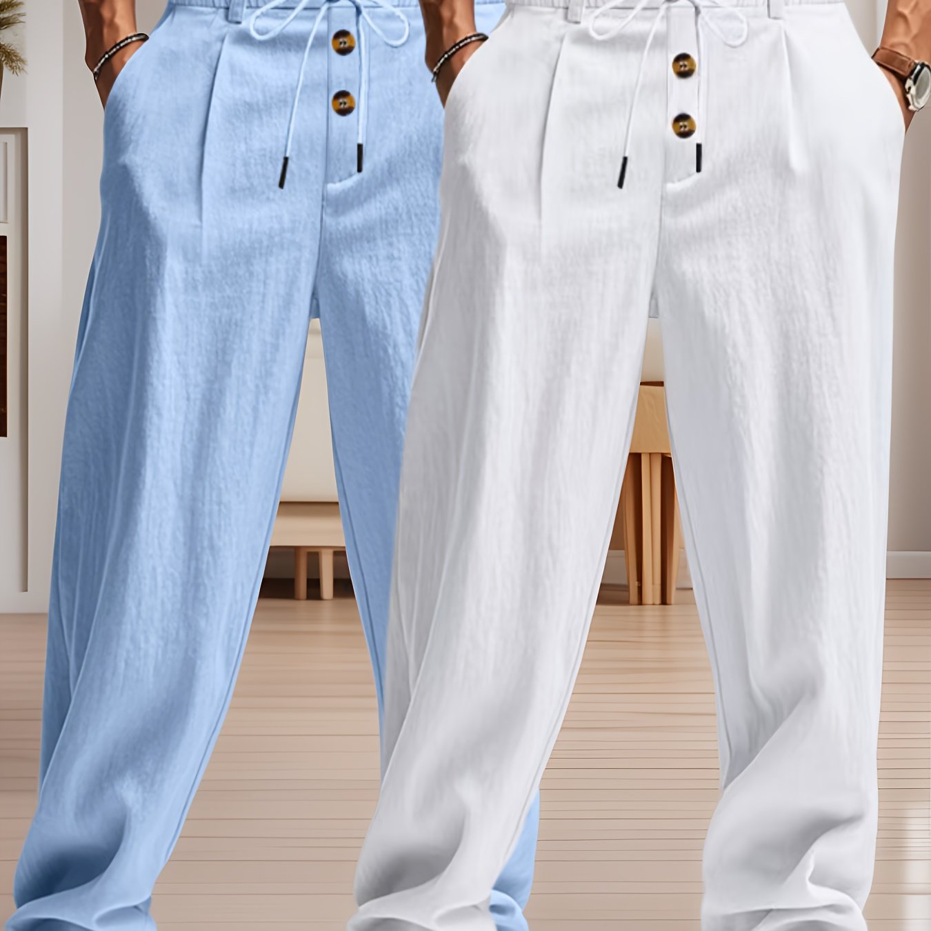 Pantalon Lin Homme Décontracté Beige Bleu