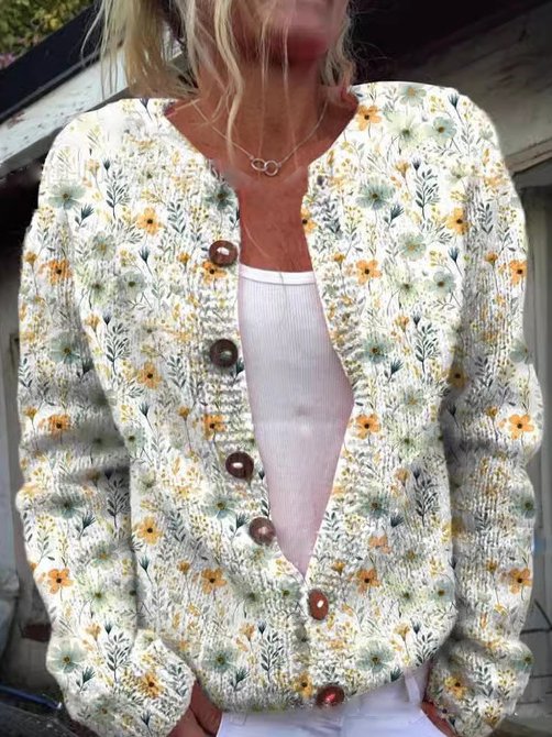 Gilet Florale Femme Élégant Col Rond