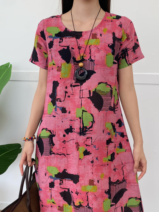 Robe Été Légère pour Femme - Robe Midi en Coton Doux avec Col Rond et Poches - LuxeStyle
