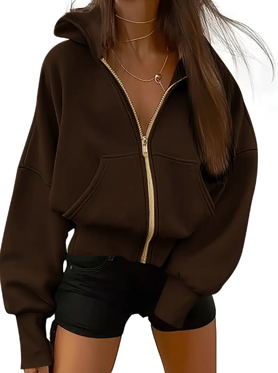Sweat femme zippé vert foncé avec poches côté