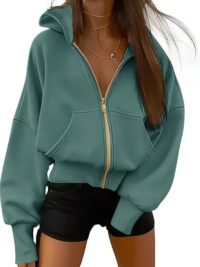 Sweat femme zippé vert foncé avec poches côté - LuxeStyle