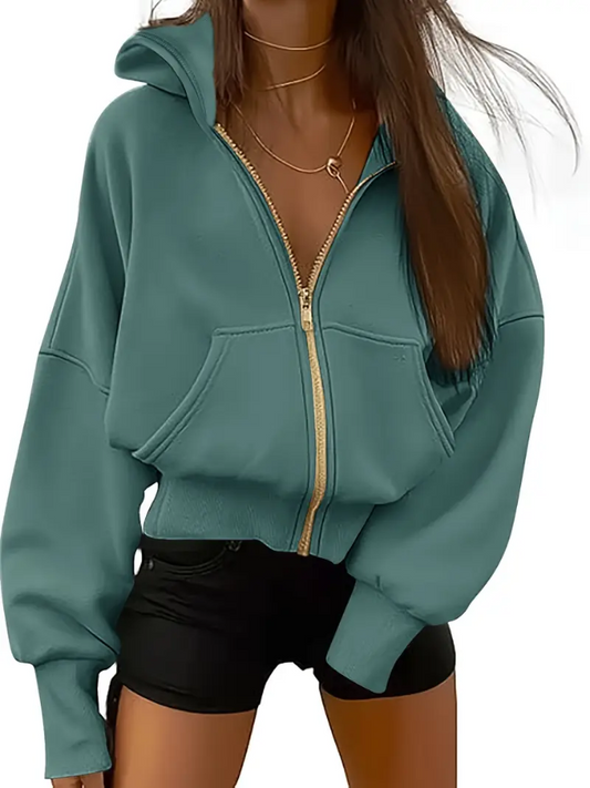 Sweat femme zippé vert foncé avec poches côté - LuxeStyle