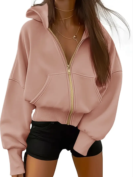 Sweat femme zippé vert foncé avec poches côté