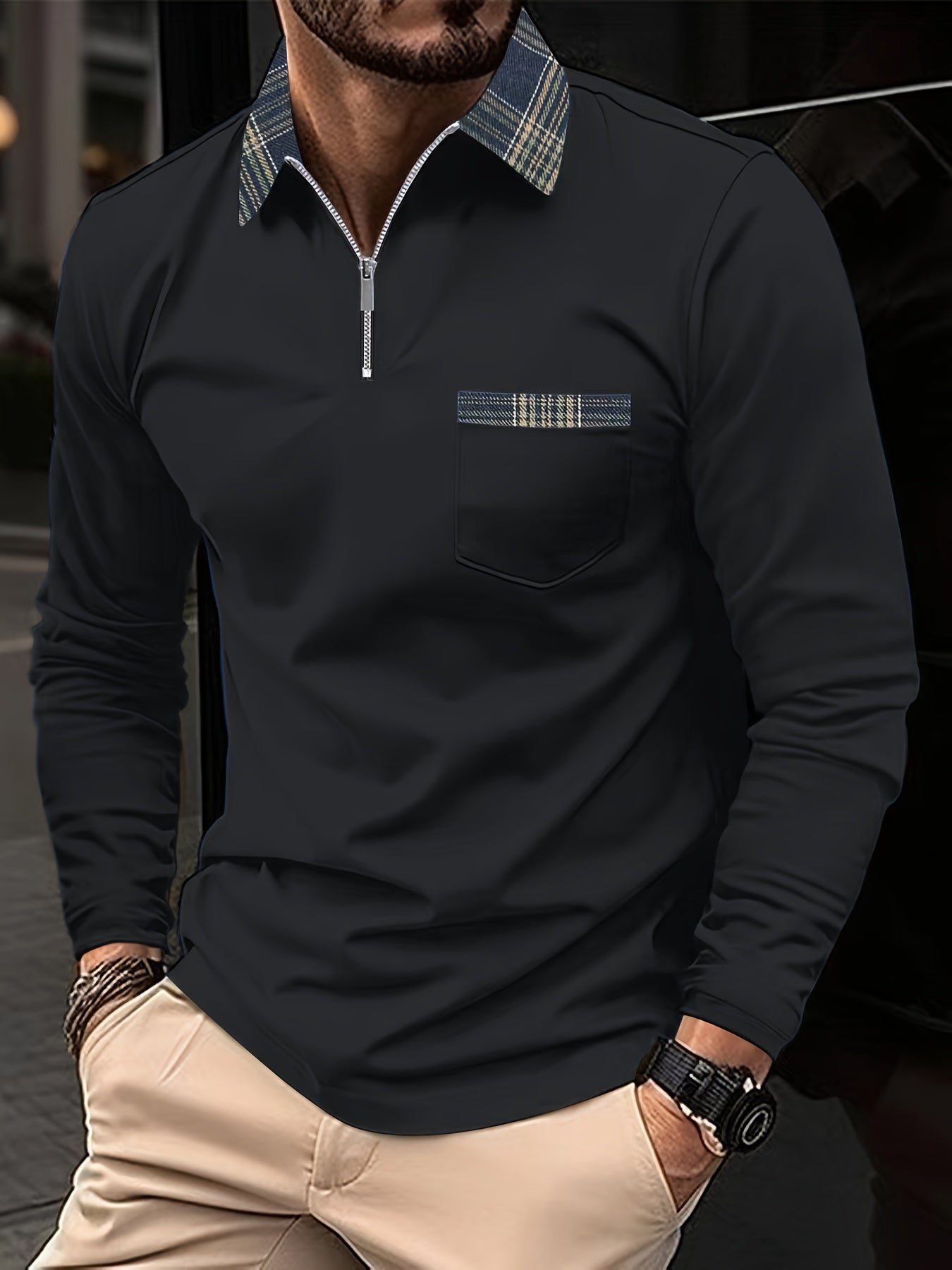 Polo Homme Manches Longues – Col Zippé Élégant Motif Écossais
