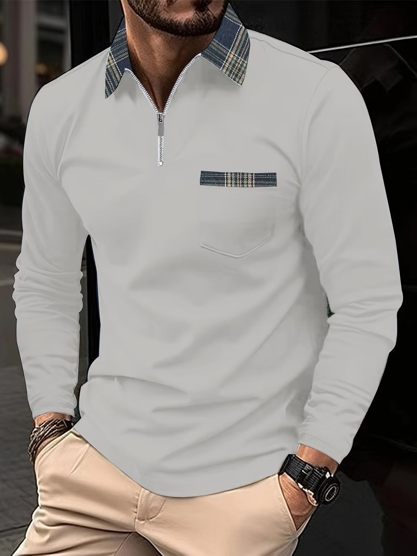 Polo Homme Manches Longues – Col Zippé Élégant Motif Écossais