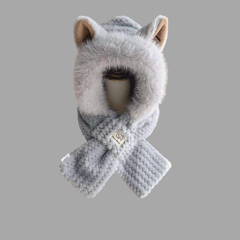 Cagoule et Écharpe Réversible avec Oreilles de Renard pour Femme et Enfant Hiver