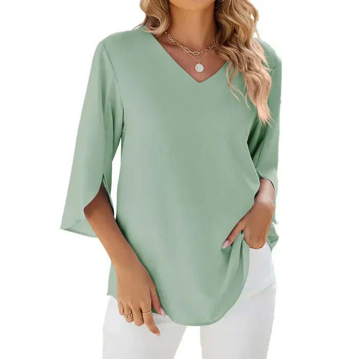Blouse Féminine Manches Courtes Col en V Ciel