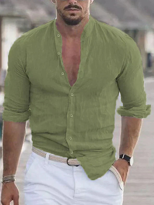Chemise Casual à Col Montant et Manches Courtes Réglables