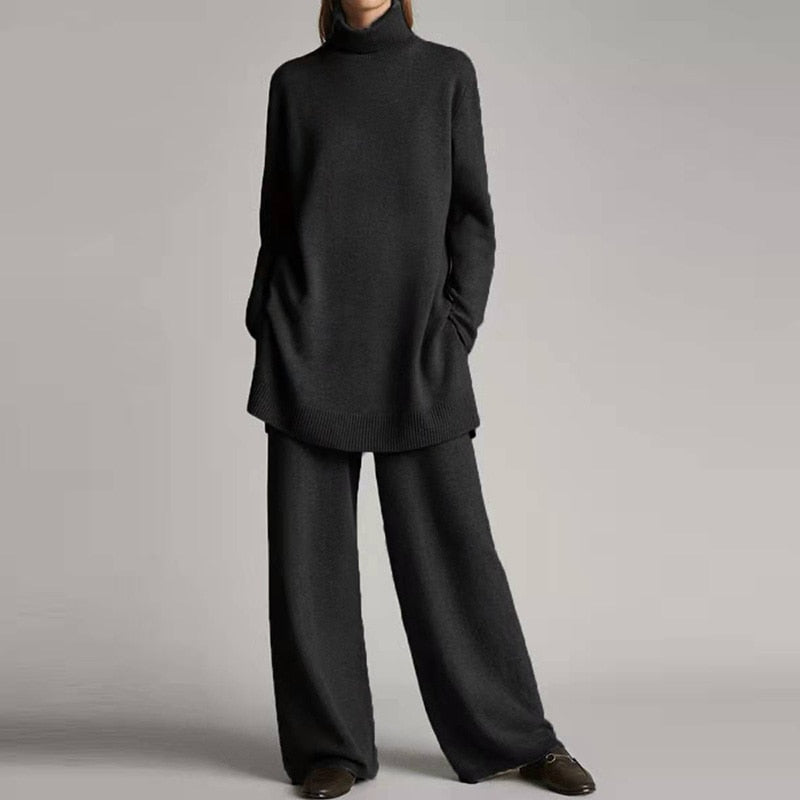 Emora Ensemble Femme Tricoté – Col Roulé Confort & Pantalon Élégant Décontracté