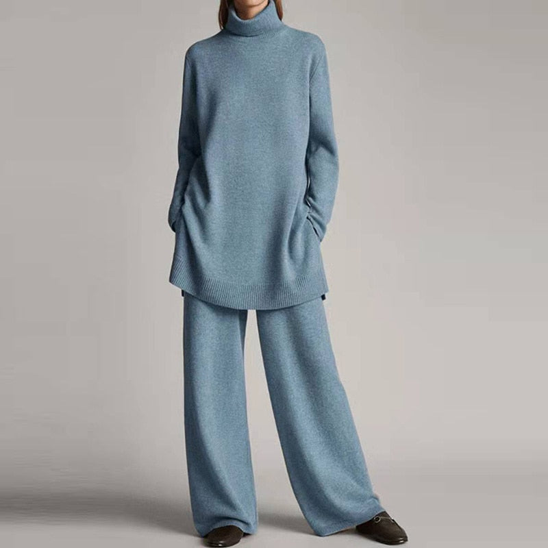 Emora Ensemble Femme Tricoté – Col Roulé Confort & Pantalon Élégant Décontracté