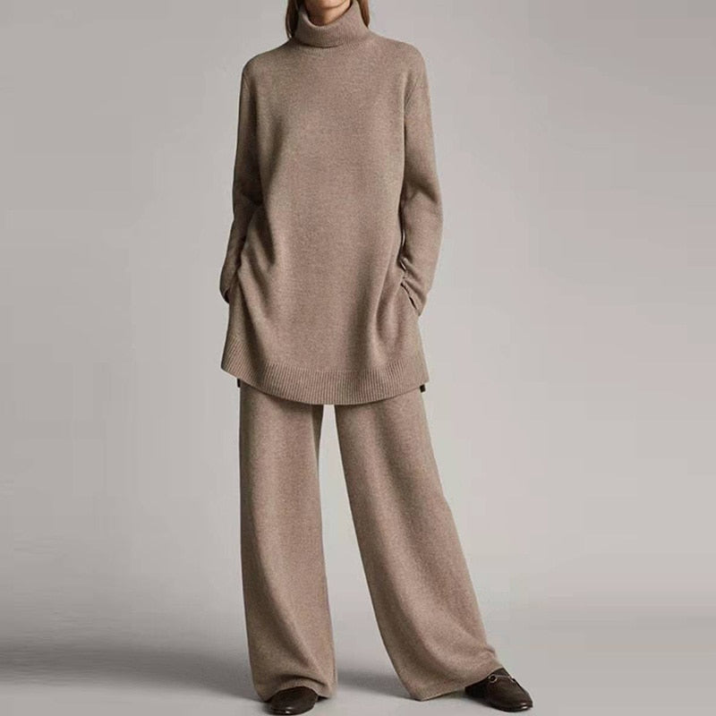 Emora Ensemble Femme Tricoté – Col Roulé Confort & Pantalon Élégant Décontracté