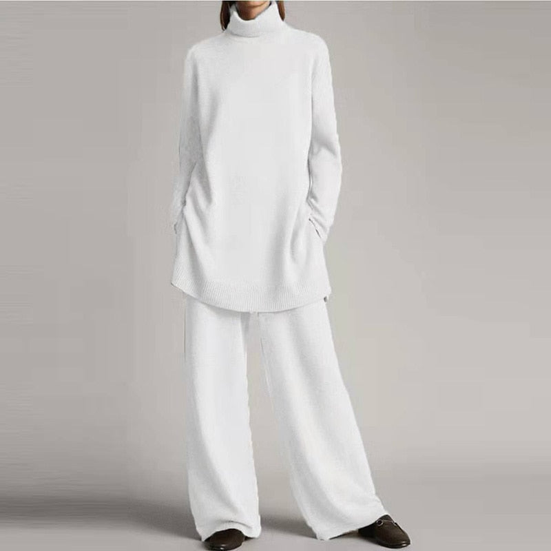 Emora Ensemble Femme Tricoté – Col Roulé Confort & Pantalon Élégant Décontracté