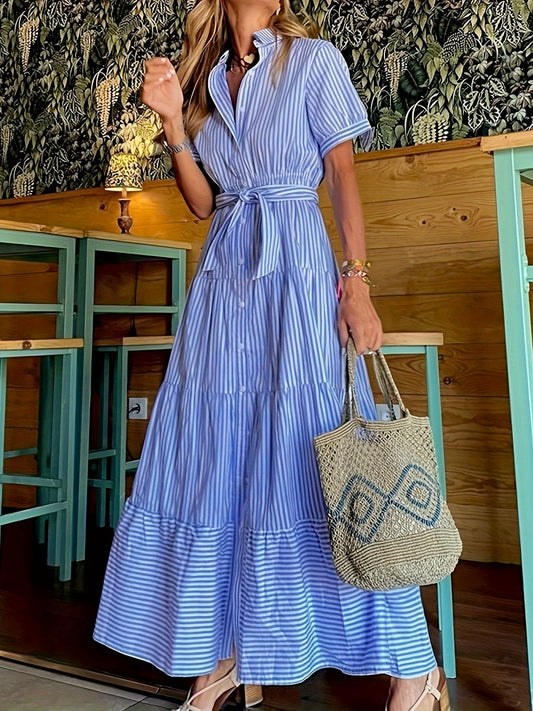 Robe Femme Élégante Rayée - Chemise Longue Confortable avec Ceinture - LuxeStyle