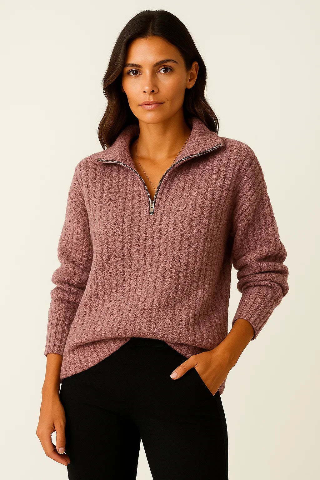 Pull Femme Rose Douillet à Fermeture Éclair - LuxeStyle