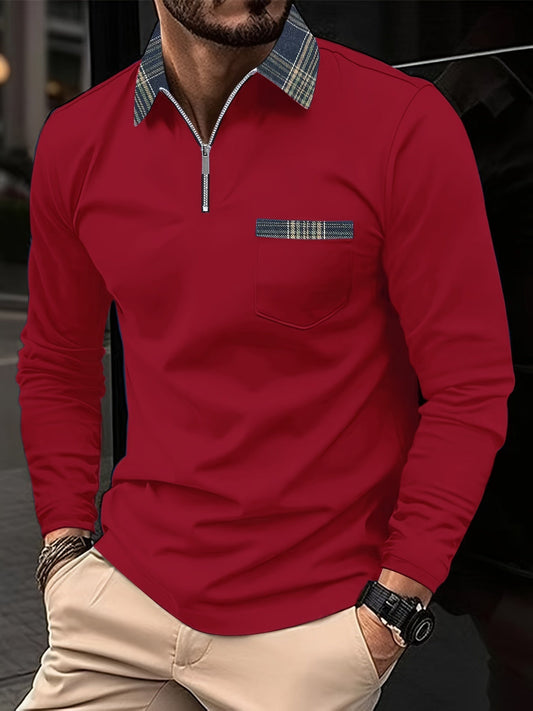 Polo Homme Manches Longues – Col Zippé Élégant Motif Écossais - LuxeStyle