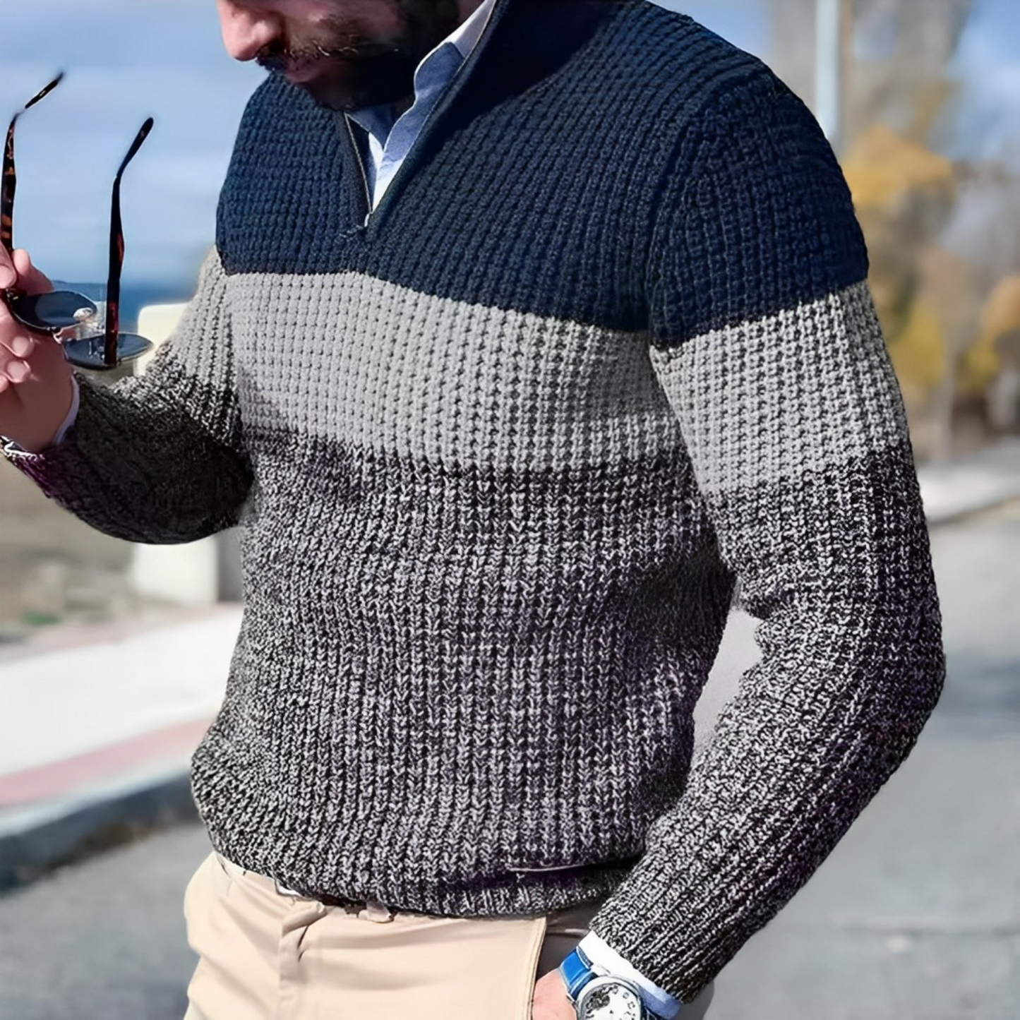 Pull Tricot Homme Zippé Deux Tons