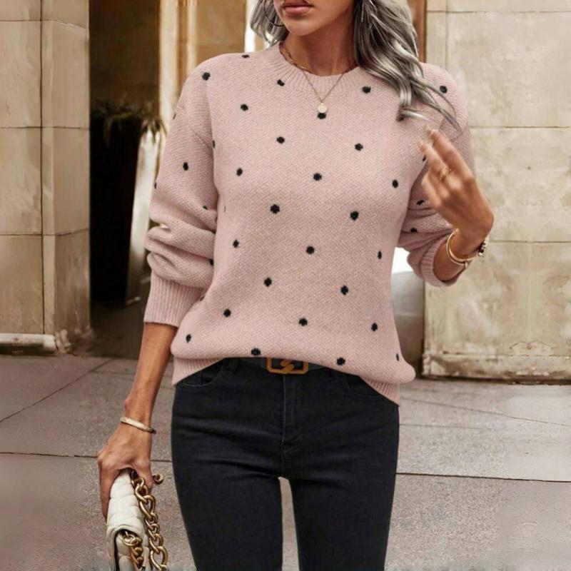 Pull Femme Tricoté Chic à Pois avec Col Rond et Coupe Décontractée