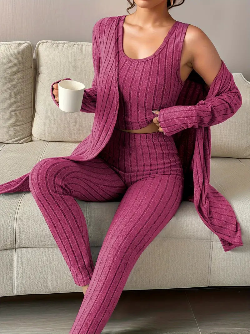 Ensemble Décontracté Trois Pièces pour Femme avec Cardigan Douillet pour Détente - LuxeStyle