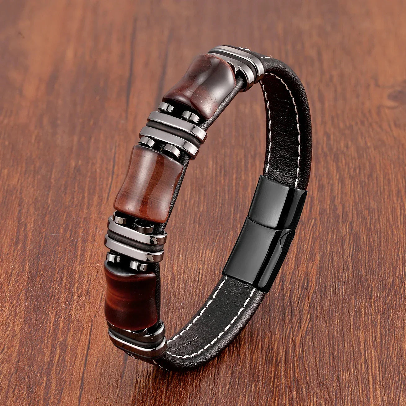 Bracelet Cuir Homme avec Pierre Oeil de Tigre Élégant