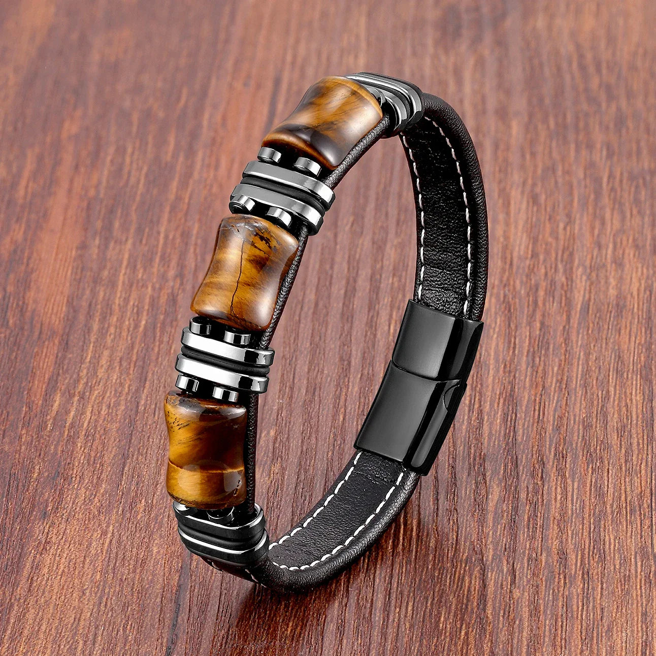 Bracelet Cuir Homme avec Pierre Oeil de Tigre Élégant