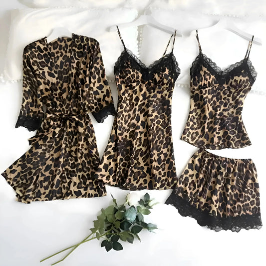 Pyjama Léopard Chic pour Femme avec Kimono et Chemise de Nuit Douillet - LuxeStyle