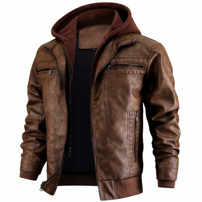 Veste Cuir Homme Style Biker Classique avec Capuchon et Fermeture Éclair