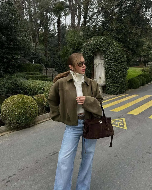 Veste Cuir Féminine Oversize – Blouson Chic Confortable en Daim Doux - LuxeStyle