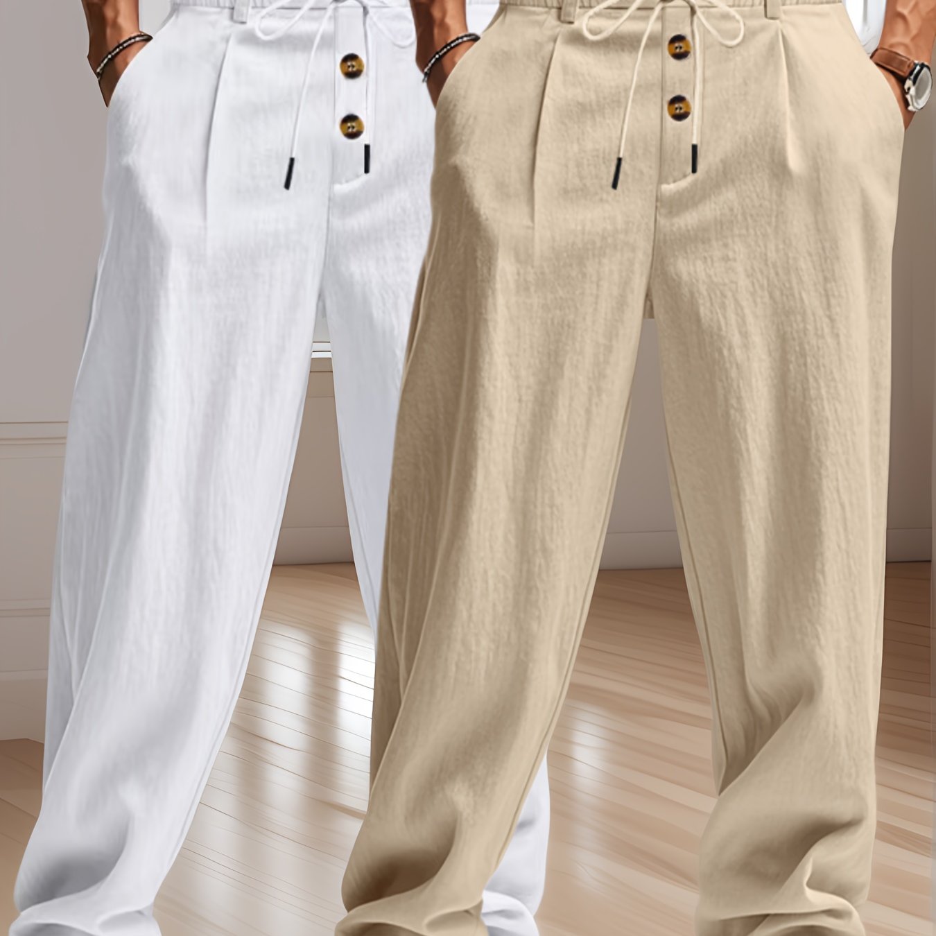 Pantalon Lin Homme Décontracté Beige Bleu
