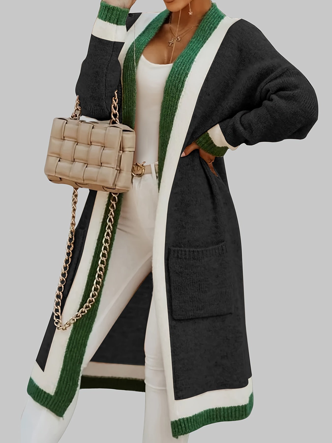 Cardigan Élégant Laine Naturelle avec Poches et Bordure Colorée