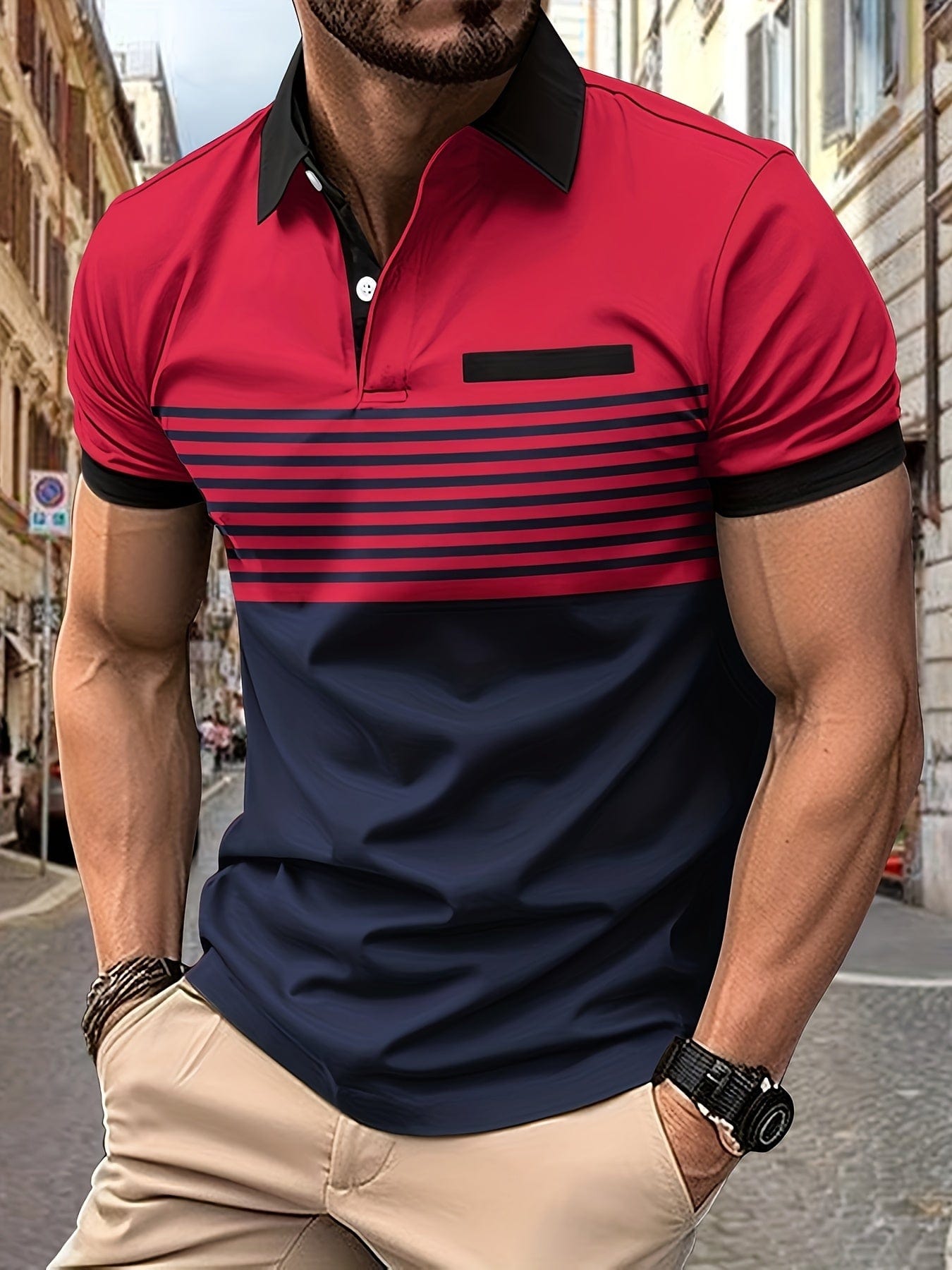 Polo Homme Marine à Rayures Courtes Manches - LuxeStyle