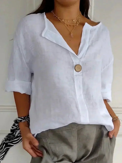 LinVea™ – Blouse Femme en Lin Léger avec Col V Élégant et Bouton en Bois