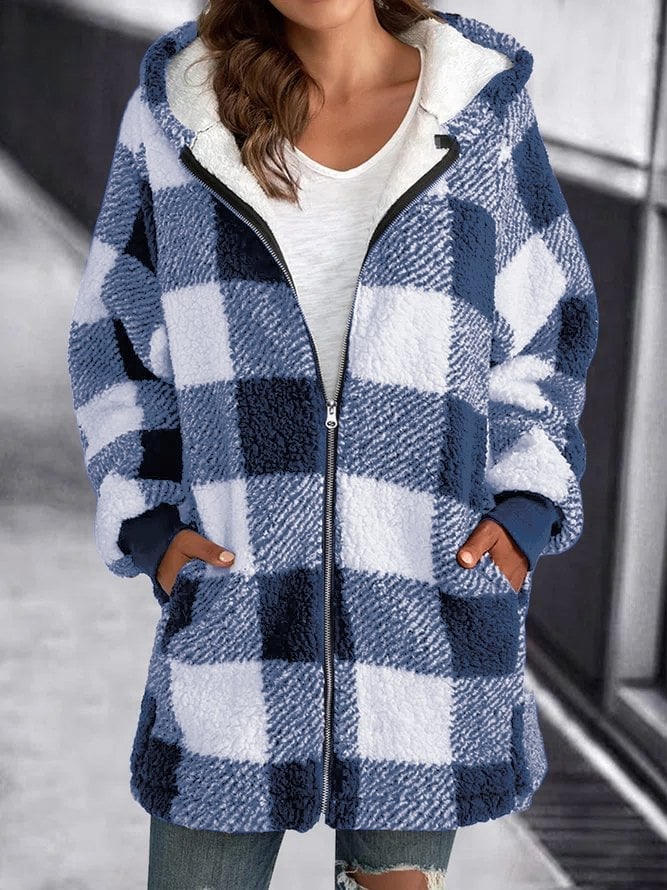 Parka Femme Hiver Carreaux Marine et Blanc - LuxeStyle