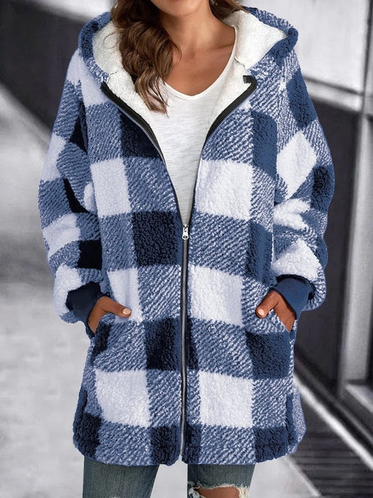 Parka Femme Hiver Carreaux Marine et Blanc - LuxeStyle