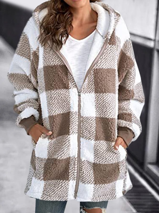 Parka Femme Hiver Carreaux Marine et Blanc