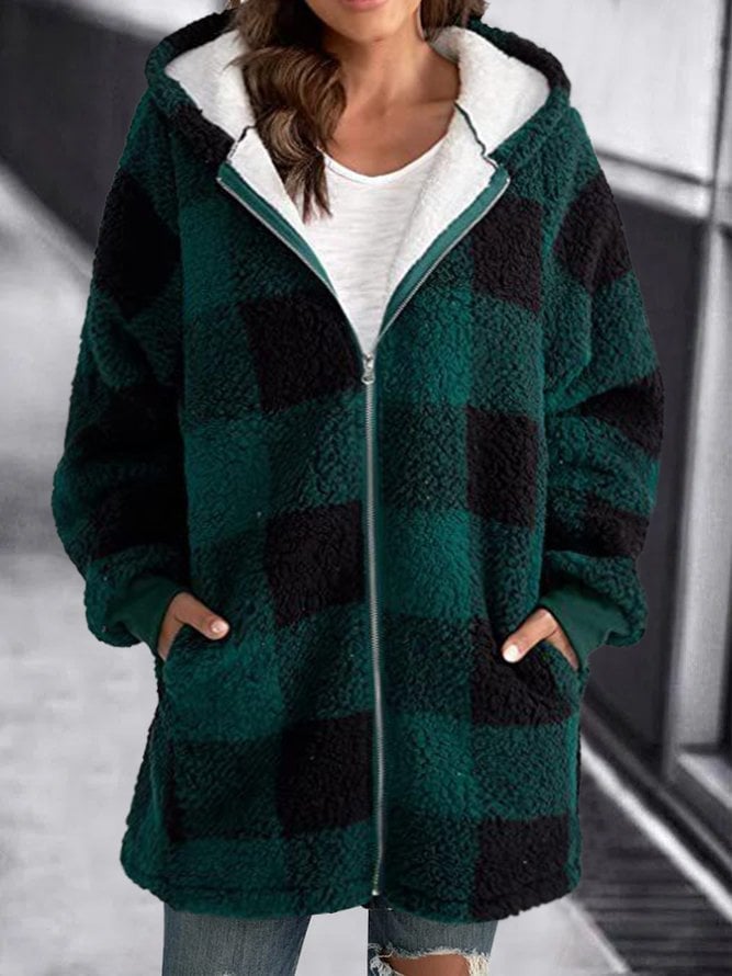 Parka Femme Hiver Carreaux Marine et Blanc