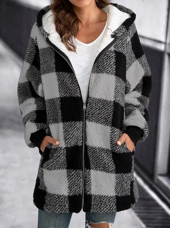 Parka Femme Hiver Carreaux Marine et Blanc