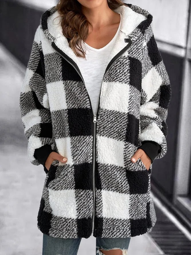 Parka Femme Hiver Carreaux Marine et Blanc