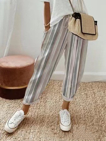 Pantalon coloré décontracté femme coton rayures