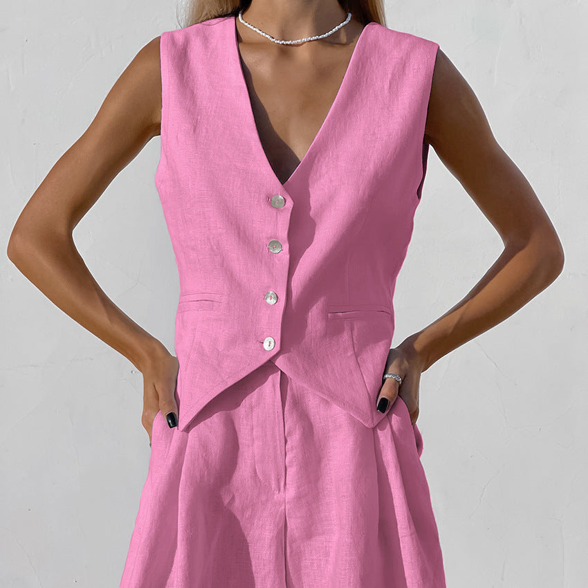 Tenue Été Femme en Lin – Ensemble Décontracté Chic avec Gilet et Short